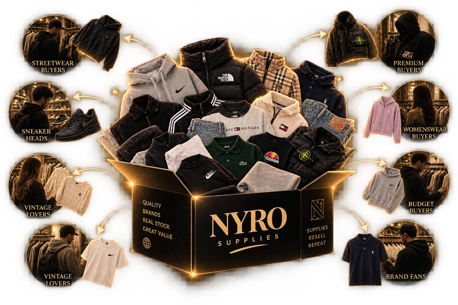 Illustration: one mixed NYRO box of different garments, with arrows to different kinds of buyer — streetwear, premium, vintage, womenswear, budget and brand fans.